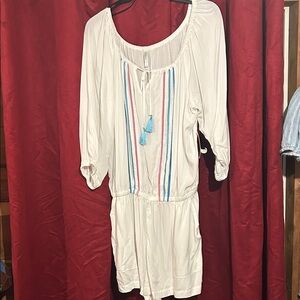 Vera Bradley Cream Jumpsuit with Blue and Pink Embroidery